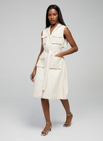 Beige utility dress with frontal pockets