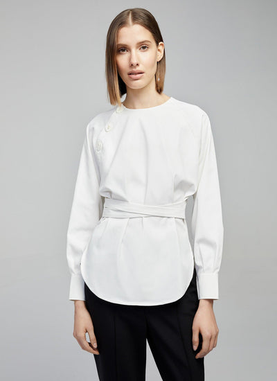 white classic belted shirt with frontal buttons