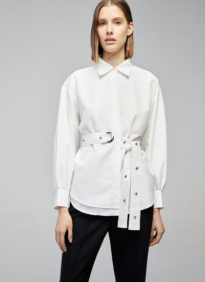 White belted shirt with silver O-ring buckle